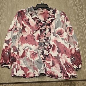 Signature by Larry Levine Floral Blouse - Burgundy and White